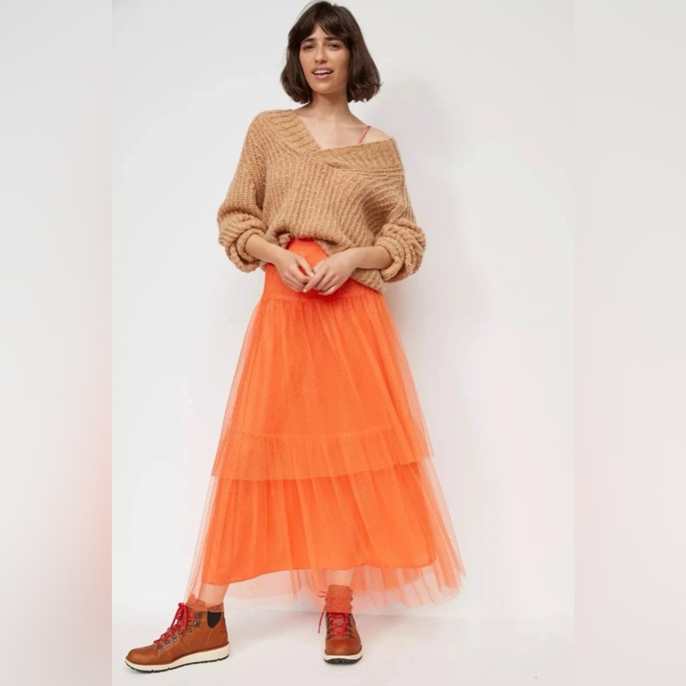 Anthropologie Evelyn In The Orange Tiered Tulle Midi Skirt - S